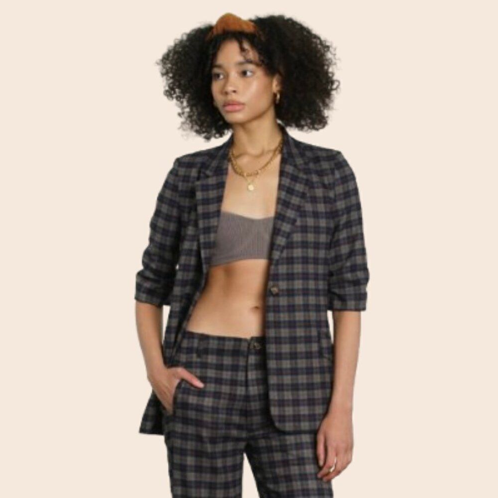 dRA Los Angeles Misa Plaid Short Sleeve Ruched Blazer Jacket Size Small